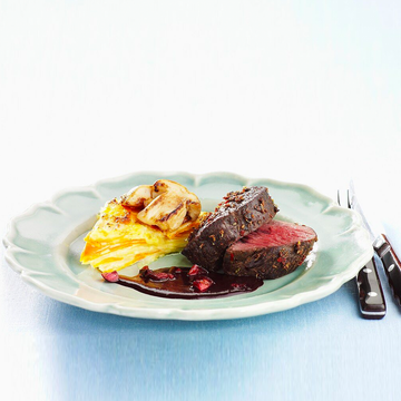 Elk Fillet with Cinnamon and Lingonberry Sauce and Root Vegetable Cake