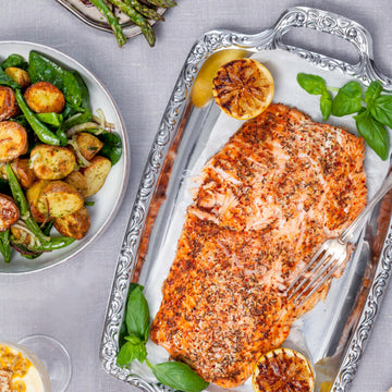 Oven-Baked Salmon with Lemon Halves, Roasted Potato Salad, and Gremolata Sauce