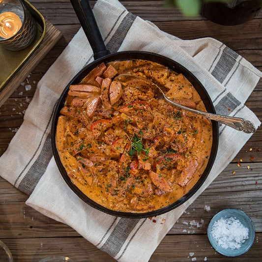 Sausage Stroganoff with Creme Fraiche, Bacon, and Dijon Mustard